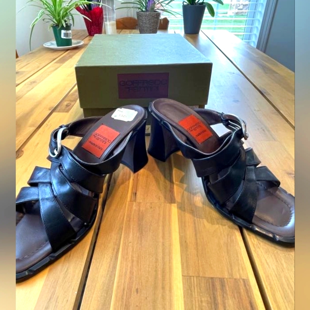 Nib Goffredo Fantini Vintage Womens Leather BrownBlack Strappy Heeled Sandals 39